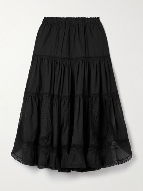 Sea Franca tiered lace-trimmed cotton-blend midi skirt Black