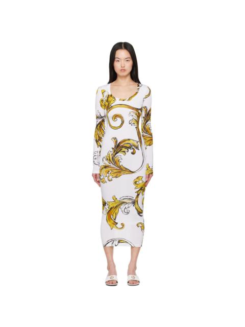 VERSACE JEANS COUTURE White & Yellow Outline Barocco Midi Dress