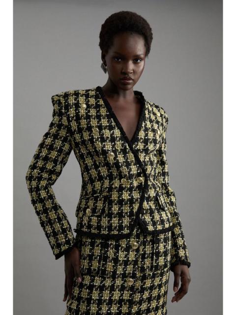 KAREN MILLEN Wool Blend Check Tailored Asymmetric Jacket
