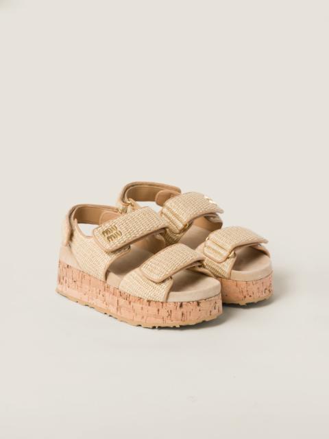 Raffia-effect woven fabric flatform sandals