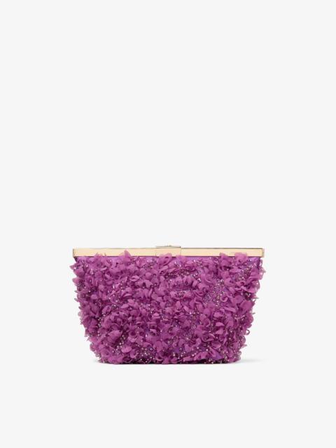 JIMMY CHOO Ganache
Violet Orchid Satin Clutch Bag with Petal Embroidery