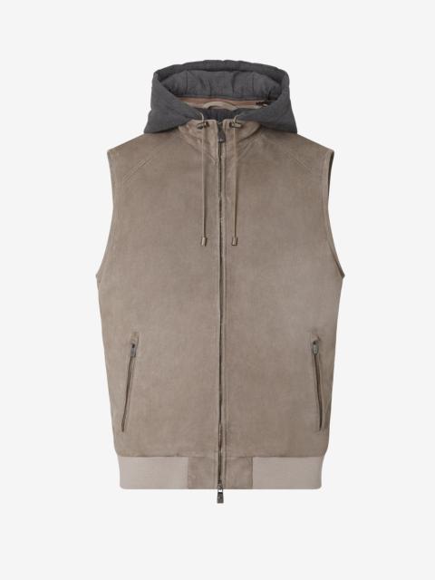 CORNELIANI Greige suede gilet with detachable hood