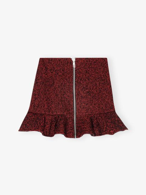 GANNI RED HERRINGBONE WOOL MINI SKIRT