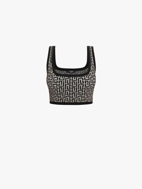 Cropped bicolor jacquard sports bra top with Balmain monogram