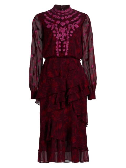 SALONI Women's Isa Ruffle Embroidered Midi-Dress - Astilbe Burgundy