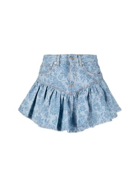 floral-print denim mini skirt