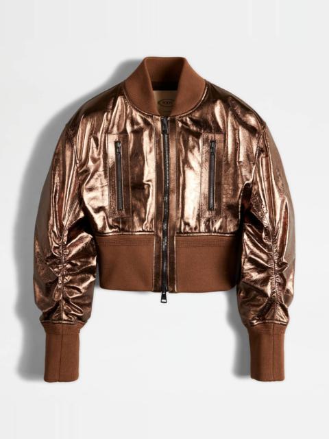 CROPPED BOMBER JACKET IN LEATHER - BROWN