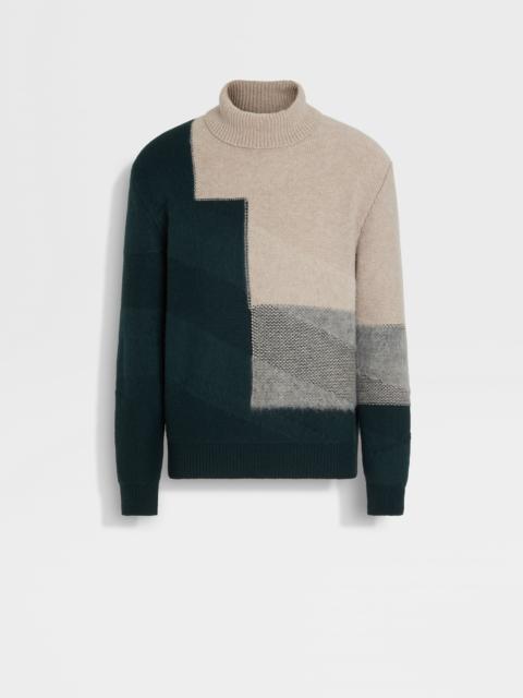 ZEGNA LIGHT TAUPE AND DARK GREEN CASHMERE AND MOHAIR TURTLENECK