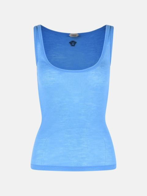 VERSACE RIBBED VIRGIN WOOL TANK TOP WITH SKY BLUE EMBROIDERY