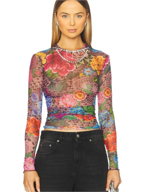 AREA Crystal Embellished Printed Tulle Long Sleeve Top