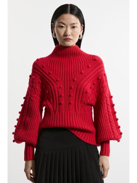KAREN MILLEN Bobble Detail Balloon Sleeve Cable Knit Viscose Blend Jumper