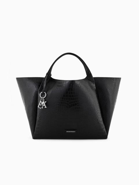 Oversized shopper bag with mock-croc finish and logo charm