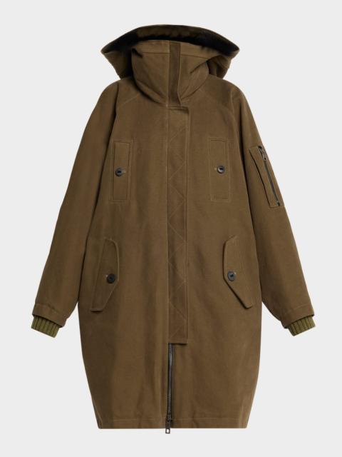 Lamb Shearling Lined Oversized Hooded Bomber Jacket