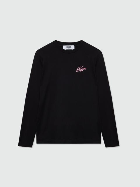 MSGM Black long-sleeve cotton jersey T-shirt with MSGM embroidery on the chest