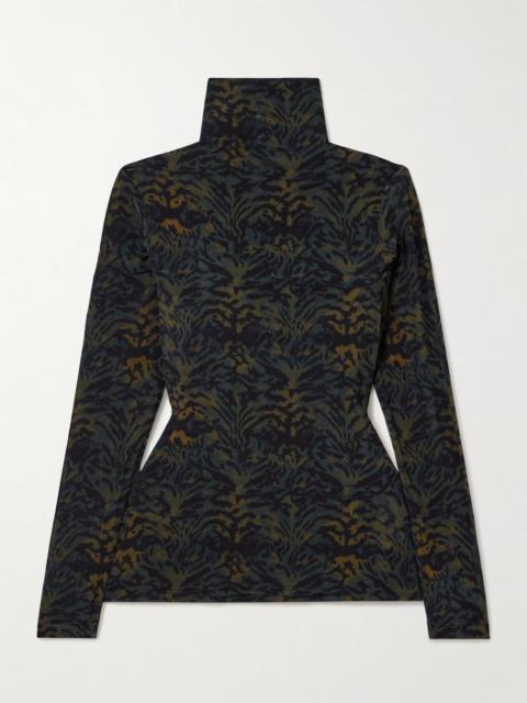 ULLA JOHNSON Aurelia printed stretch-jersey turtleneck top Dark green