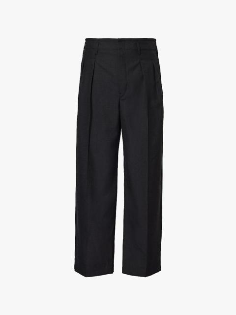 Pleated straight-leg mélange-twill wool trousers