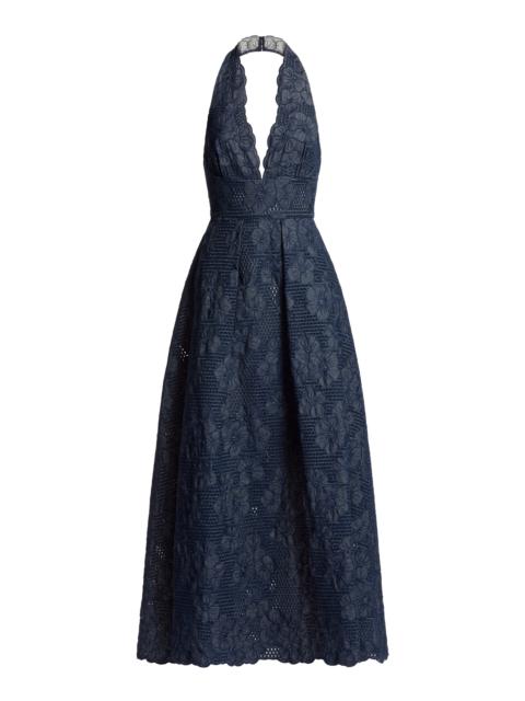 ELIE SAAB Embroidered Denim Maxi Dress blue