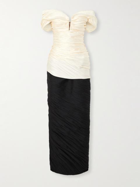 MARMAR HALIM Off-the-shoulder Pleated Two-tone Mikado And Taffeta Gown