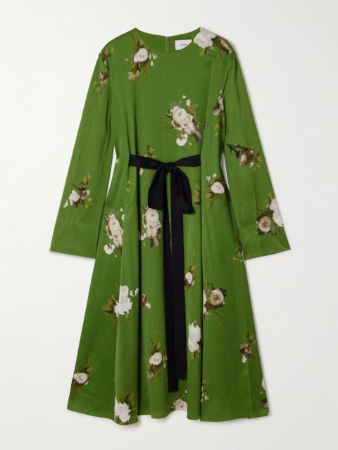 Erdem Bow-detailed floral-print plissé-satin midi dress Green