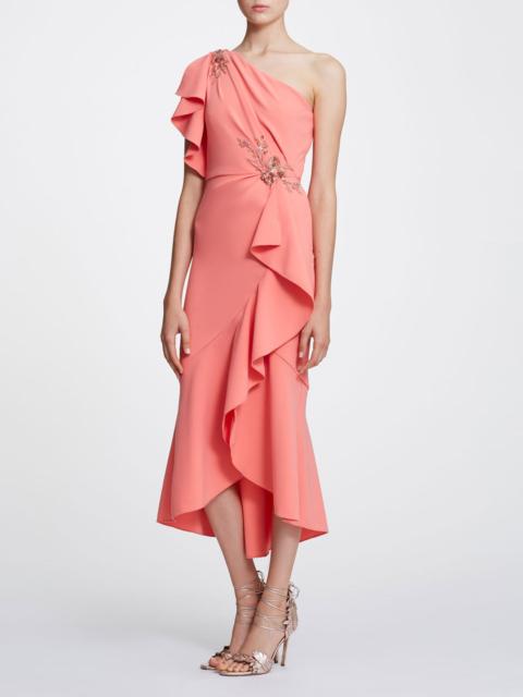 Marchesa ONE SHOULDER RUFFLE SLEEVE TEA LENGTH MIDI GOWN