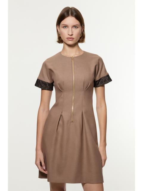 KAREN MILLEN Tailored Twill Lace Mix Zip Front Mini Dress