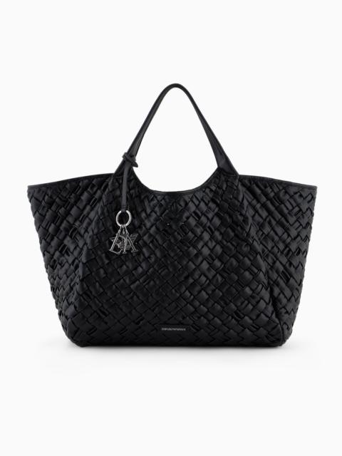 Oversized nappa leather-effect interwoven shopper bag with logo charm