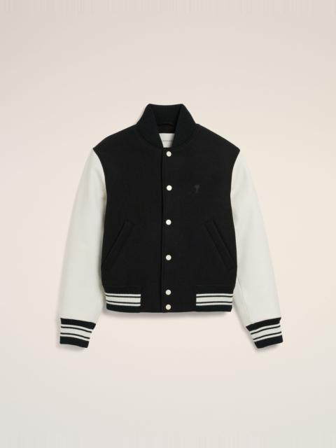 AMI Paris BLACK WOOL AND LEATHER PADDED TEDDY JACKET WITH AMI PARIS EMBROIDERY
