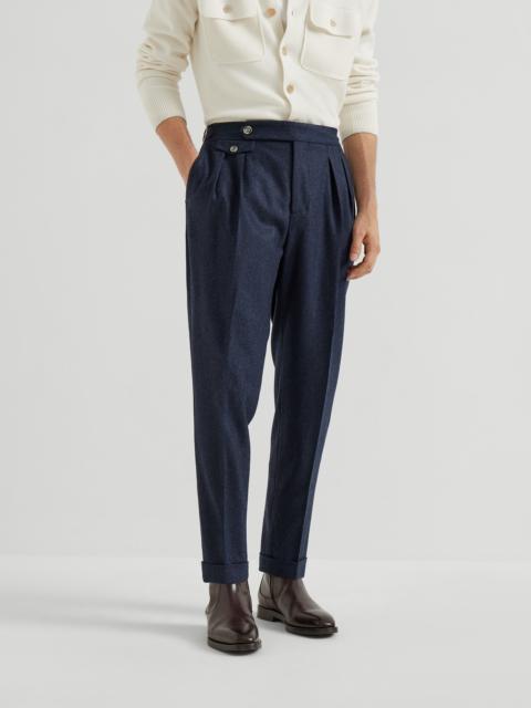 Virgin wool flannel tailor fit trousers in twisted cotton gabardine with double pleats and waist tab