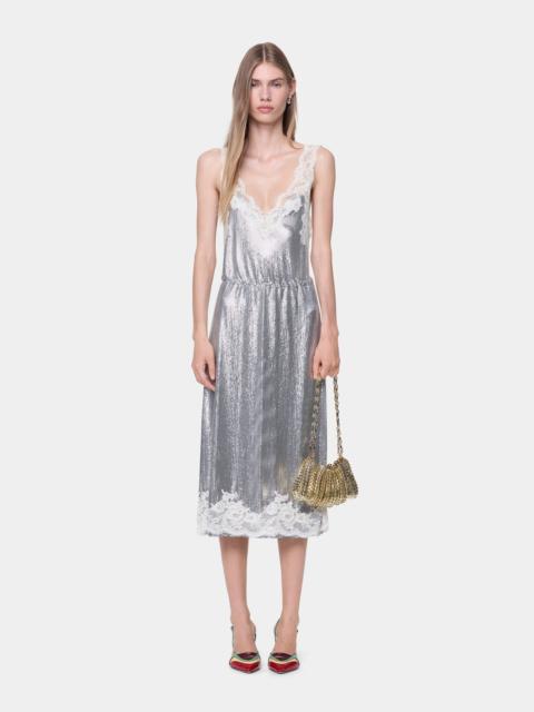rabanne HAND ASSEMBLED MIDI DRESS IN SILVER MESH AND IVORY LACE