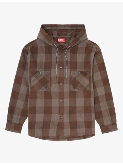 Diesel Distressed Check-Flannel Cotton Hooded Shirt