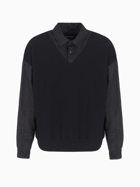 Long-sleeved, cotton and wool polo shirt