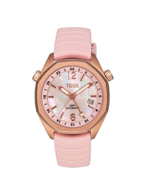 TOUS gmt automatic Watch with pink silicone strap, rose-colored IPRG steel case and mother-of-pearl face