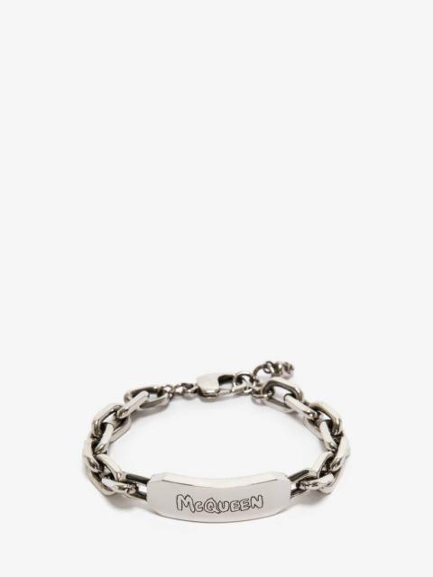 Alexander McQueen Men's McQueen Graffiti Tag Bracelet in Antique Silver