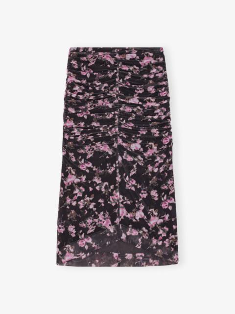 GANNI BLACK FLORAL PRINTED MESH RUCHED MIDI SKIRT