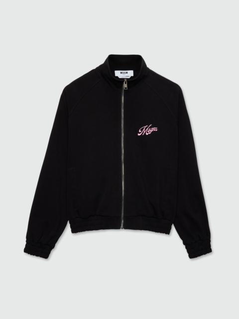 MSGM Black double pique cotton sweatshirt with italic MSGM embroidery on the chest