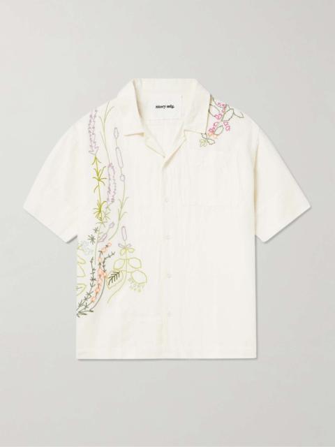 Greetings Camp-Collar Embroidered Cotton and Linen-Blend Shirt