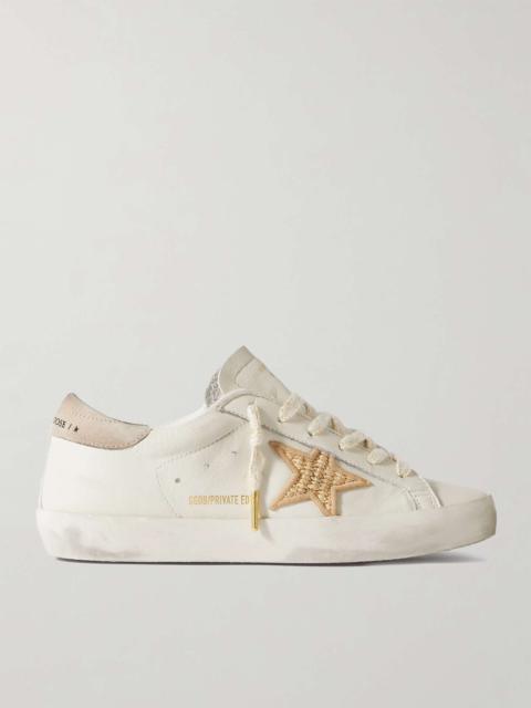 Super-Star raffia-trimmed distressed leather sneakers