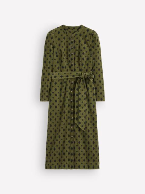 BODEN Louise Cord Midi Shirt Dress-Olive, Ornate Gardenia Stamp