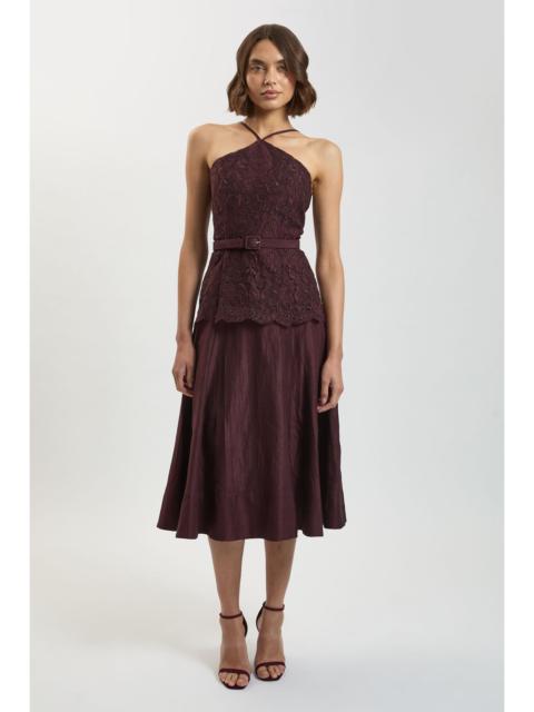 KAREN MILLEN Textured Sateen Lace Halter Neck Belted Midi Dress