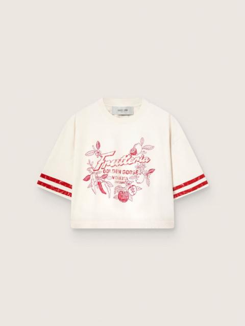 Golden Goose Women's cropped T-shirt in white cotton with print and embroidery