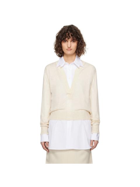 RECTO Off-White Deep Henley Neck Sheer Knit Sweater