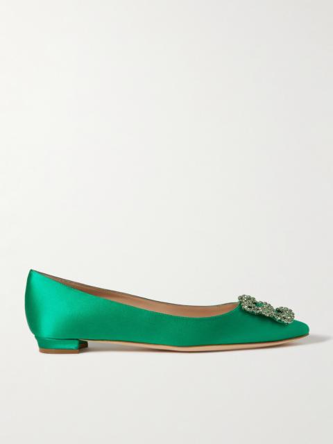 Manolo Blahnik Hangisi Crystal-embellished Satin Point-toe Flats