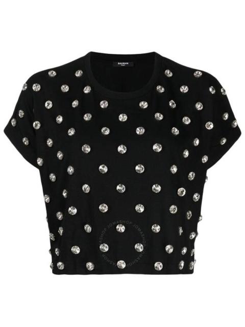 Balmain Ladies Ehv Noir / Crystal Crystal-Embellished Cotton T-Shirt, Size Small