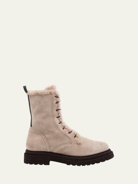 Brunello Cucinelli Monili Loop Shearling-Lined Suede Combat Boots