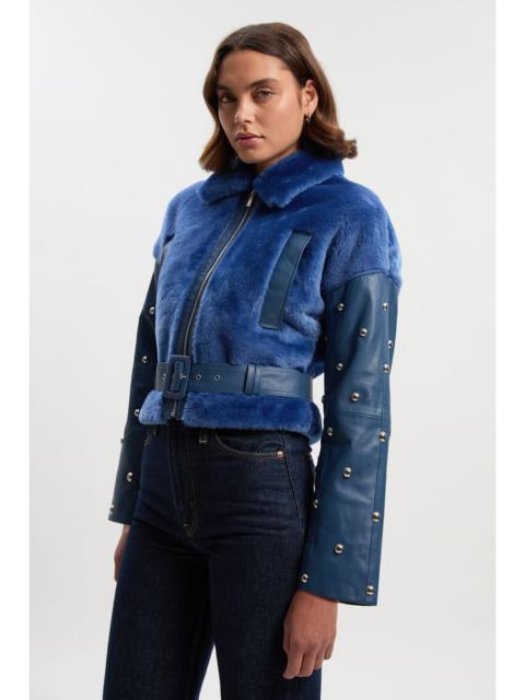 KAREN MILLEN Shearling & Leather Mix Studded Biker Jacket