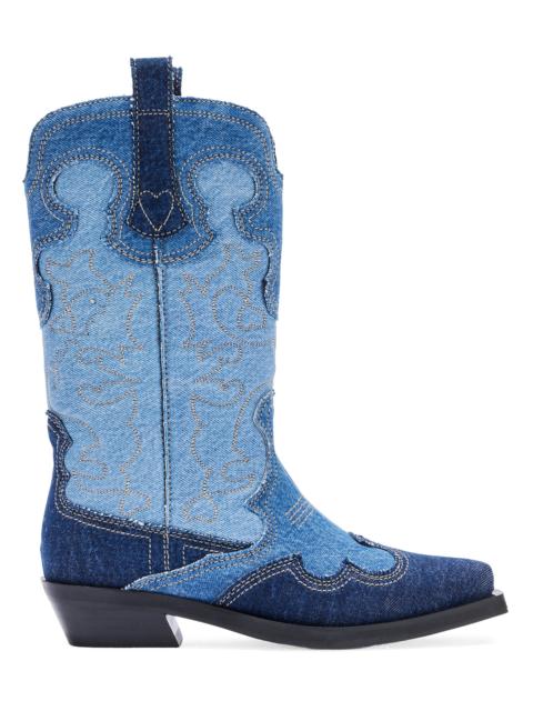 GANNI Women's Embroidered Mid-Shaft Denim Boots - Mid Blue Vintage