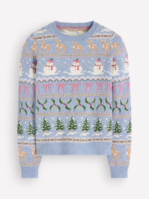 BODEN Edie Fair Isle Sweater-Blue snowman fair isle