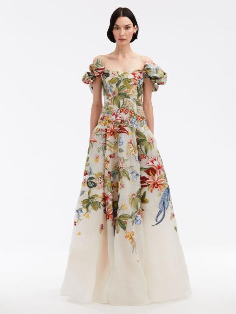 Oscar de la Renta DEGRADÉ FLORA & FAUNA OFF SHOULDER GOWN