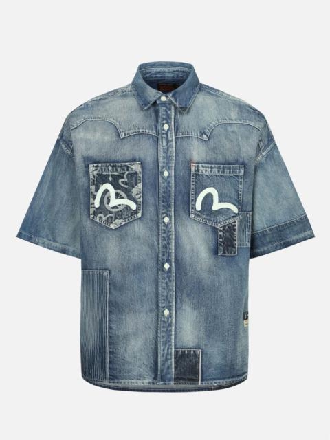 EVISU SEAGULL PRINT AND MULTI-PATCHES LOOSE FIT DENIM SHIRT