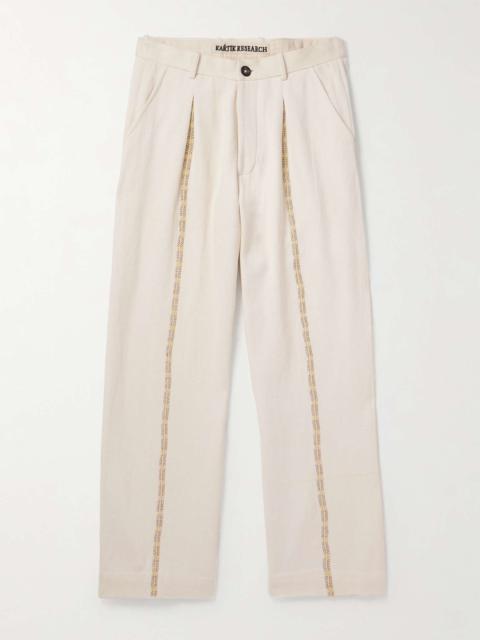 Embellished Pleated Cotton Straight-Leg Trousers